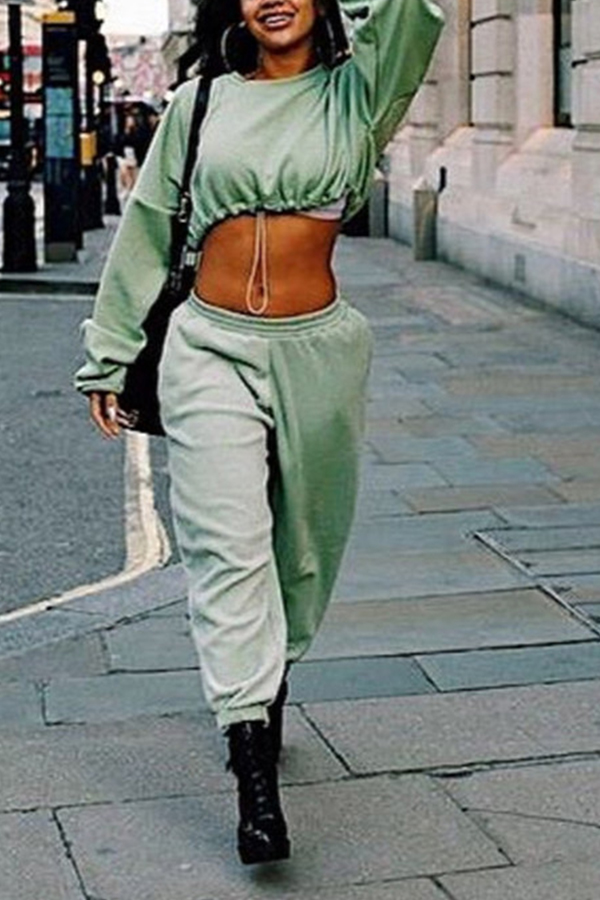 

Lovely Casual Crop Top Green Two-piece Pants Set