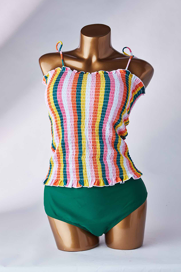 

Lovely Striped Print Green Two-piece Swimsuit