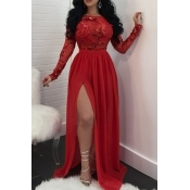 Lovely Chic Patchwork Slit Red Maxi Dress