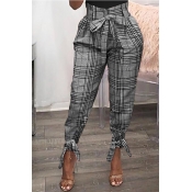 Lovely Chic Plaid Print Grey Pants