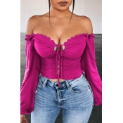 Lovely Trendy Fold Design Lace-up Rose Red Blouse