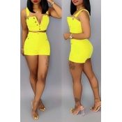 LW Casual Button Design Yellow Two-piece Shorts Se