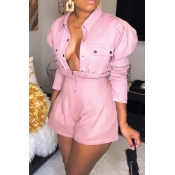 Lovely Chic Button Pink Two-piece Shorts Set