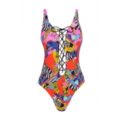 Lovely Print Hollow-out Multicolor One-piece Swims