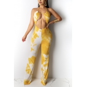 Lovely Sexy Hollow-out Print Yellow Jumpsuit