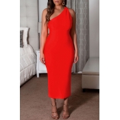 Lovely Casual One Shoulder Red Ankle Length Dress