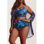 LW Plus Size Print Deep Blue Two-piece Swimsuit