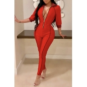 Lovely Chic Zipper Design Red One-piece Jumpsuit