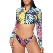 Lovely Zipper Print Blue Two-piece Swimsuit