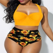 Lovely Print Yellow Plus Size Two-piece Swimsuit