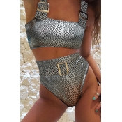 Lovely Patchwork Silver Two-piece Swimsuit