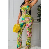 Lovely Stylish Print Backless Green One-piece Jump