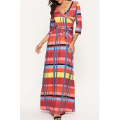 Lovely Chic Plaid Print Red Ankle Length Dress