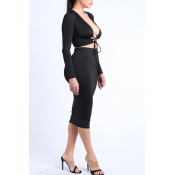 Lovely Sexy V Neck Black Two-piece Skirt Set