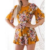 Lovely Leisure Floral Print Yellow One-piece Rompe