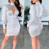 Lovely Chic Hollow-out Fold Design Grey Mini Dress