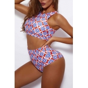 Lovely O Neck High Waist Print Two-piece Swimsuit