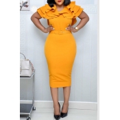 Lovely Sweet V Neck Flounce Yellow Knee Length Dre