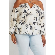 Lovely Casual V Neck Print White Plus Size Blouse