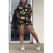 LW Casual Print Black Two-piece Shorts Set