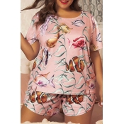 Lovely Casual Print Pink Plus Size Two-piece Short