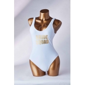 Lovely Letter Print White One-piece Swimsuit