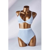 Lovely Striped Light Grey Two-piece Swimsuit