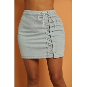 Lovely Casual  Drawstring Baby Blue Skirt
