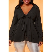 Lovely Casual Knot Design Black Plus Size Blouse