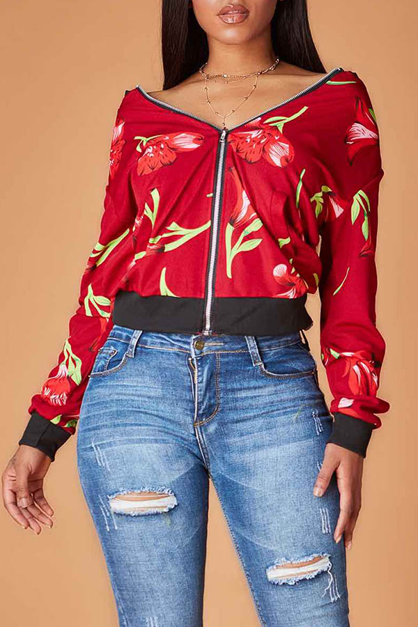 

Lovely Trendy Floral Print Red Coat