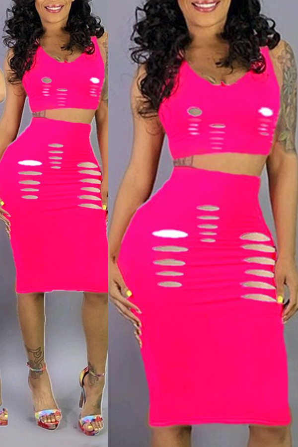 

Lovely Casual U Neck Hollow-out Rose Red Two-piece Skirt Set