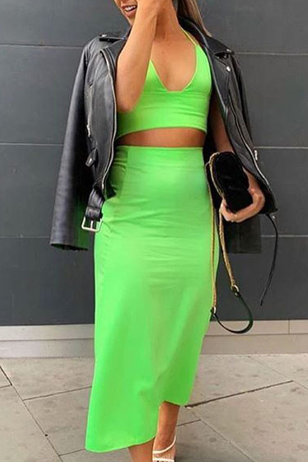 

Lovely Casual Basic Green Two-piece Skirt Set