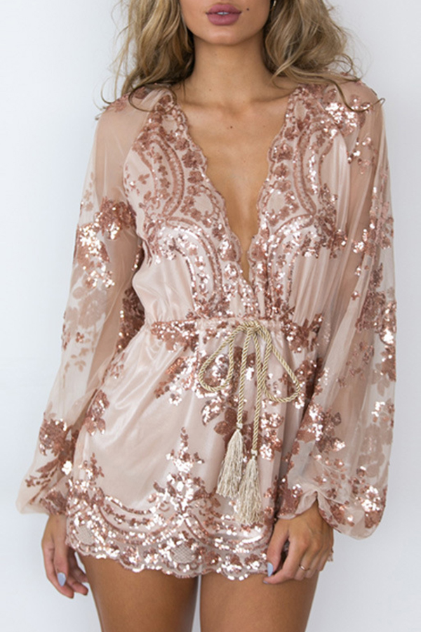 

Lovely Casual V Neck Gold One-piece Romper