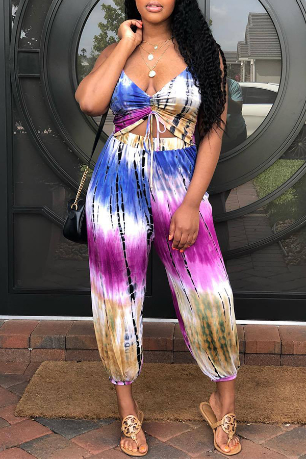 

Lovely Casual Print Yellow One-piece Jumpsuit, Blue