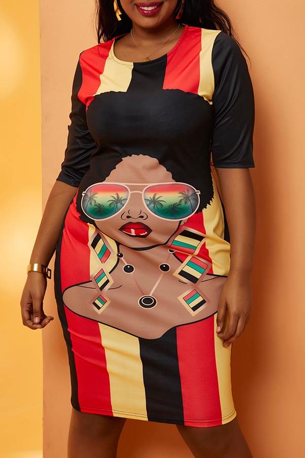 

Lovely Casual Print Black Plus Size Mini Dress