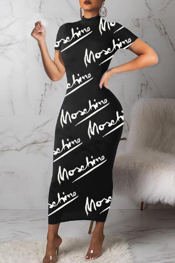 

Lovely Casual Letter Print Black Ankle Length Dress