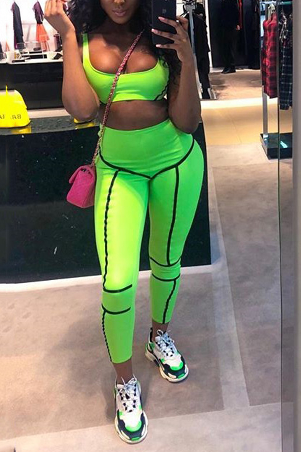 

Lovely Casual Patchwork Green Two-piece Pants Set