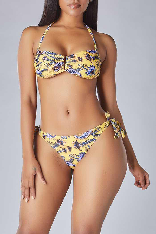 

Lovely Lace-up Yellow Two-piece Swimsuit