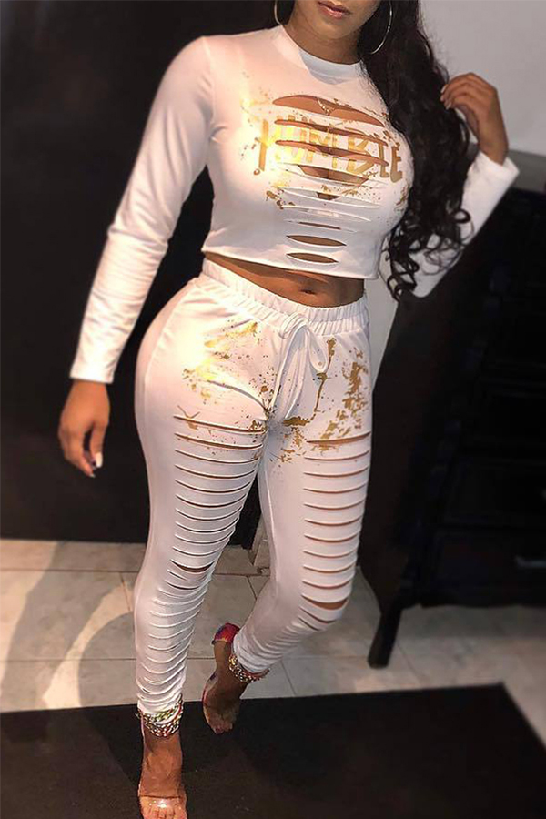 

Lovely Casual Print White Two-piece Pants Set