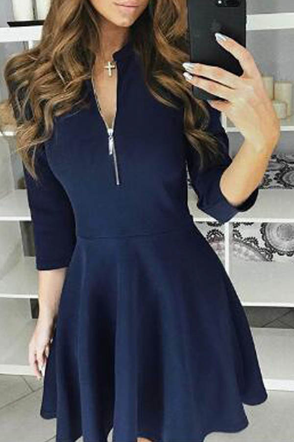 

Lovely Work Mandarin Collar Dark Blue Mini Dress