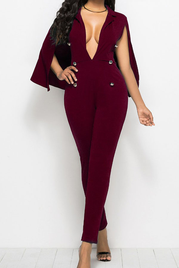 

Lovely Casual Deep V Neck Wine Red One-piece Jumpsuit