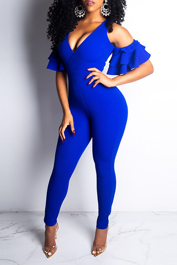 

Lovely Street Dew Shoulder Blue One-piece Jumpsuit
