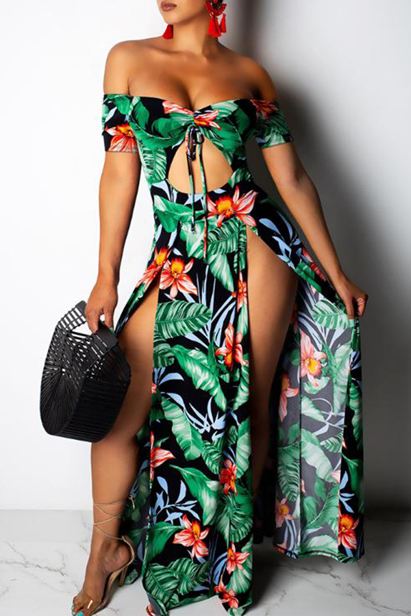 

Lovely Bohemian Floral Print Green Maxi Dress