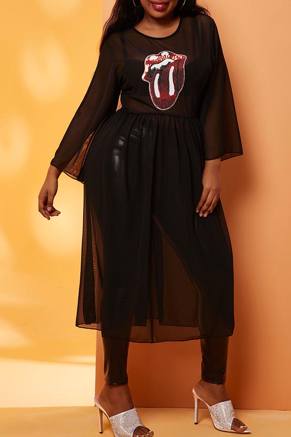 

Lovely Casual Lip Print Black Plus Size Blouse