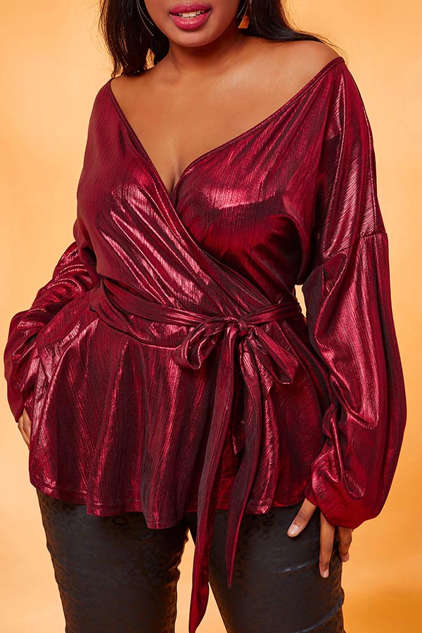 

Lovely Luxury Bandage Design Wine Red Plus Size Blouse