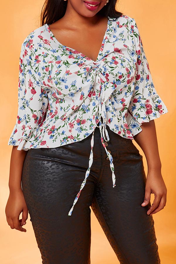 

Lovely Trendy Flounce Design White Plus Size Blouse