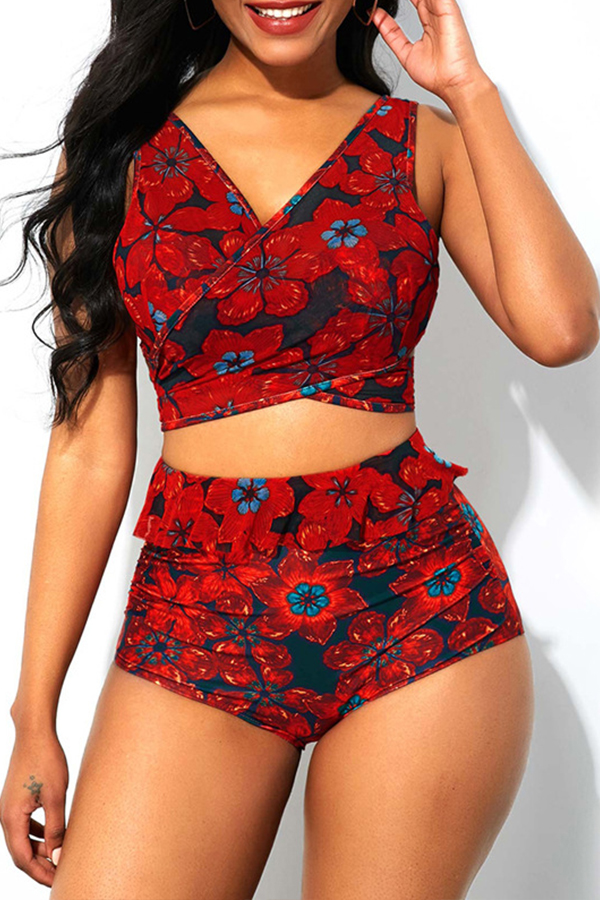 

Lovely Floral Print Red Two-piece Swimsuit