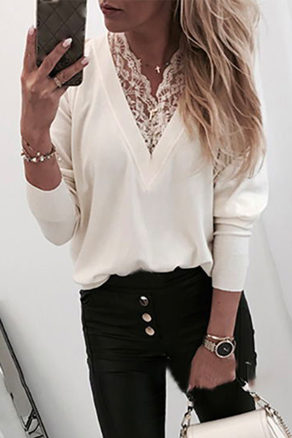 

Lovely Casual V Neck Patchwork White T-shirt