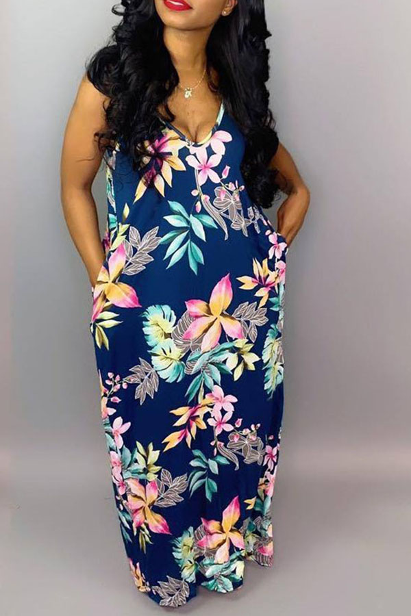 

Lovely Bohemian Print Dark Blue Maxi Dress