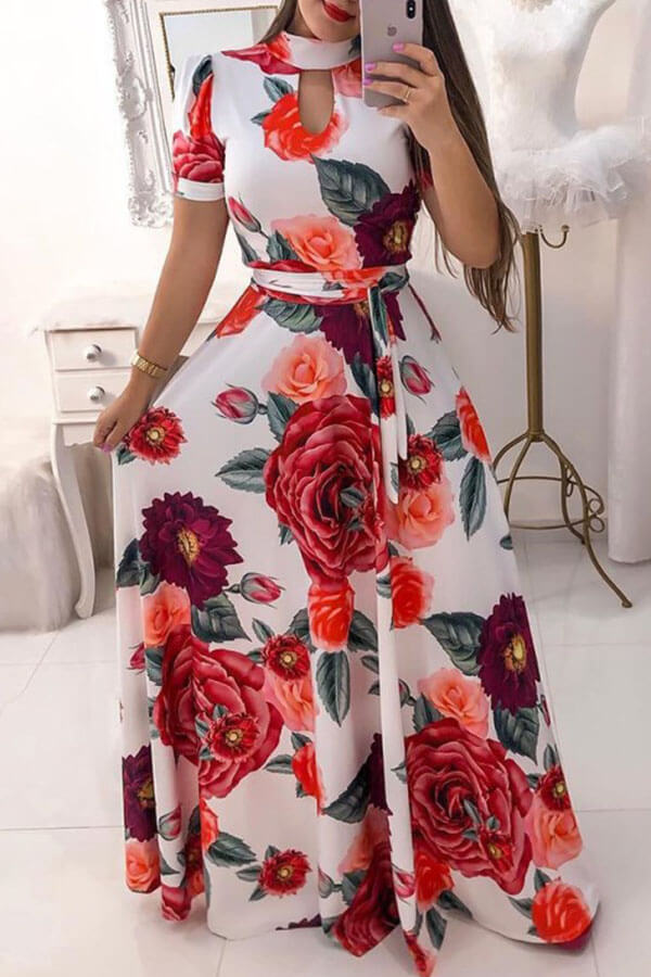 

Lovely Casual Floral Print White Maxi Dress